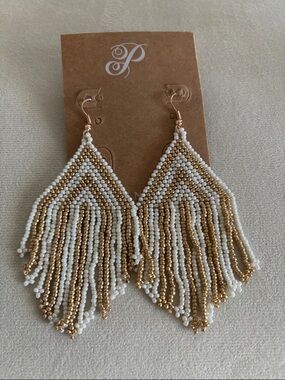 Plunder Gold and White Beaded Fringe Earrings
